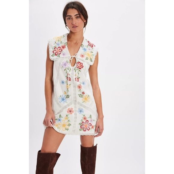 Free People Willow Embroidered Mini Dress Short White Floral Summer White - Picture 1 of 14